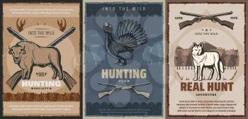 Hunting sport wild animals, bird and hunter rifles vector design of huntsman club or outdoor adventure. Wolf, shotgun and gun, buffalo, bison and wood grouse retro poster with deer antlers and forest