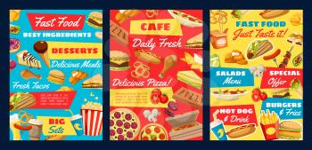 Fast food burger sandwiches, drinks and desserts menu vector design. Pizza, hamburger and chicken junk snacks, hot dog, soda and french fries, cheeseburger, coffee and ice cream, popcorn, donut, taco
