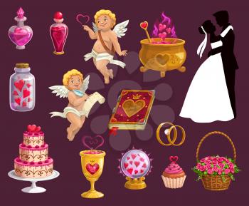 Valentine day, wedding and marriage icons. Vector isolated symbols of magic love potion with hearts, bride and bridegroom with wedding ring, cake and roses bouquet in wicker