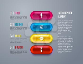 Healthcare vector infographic of step chart with 3d pills or capsules. Medical graph with doctor, heart, DNA and laboratory tube thin line icons. Health care, medicine, science research design