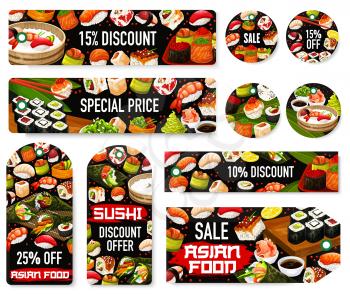 Sushi rolls sale tags of Japanese food and Asian cuisine dishes vector design. Seafood nigiri, salmon fish, rice and seaweed temaki, tuna maki, shrimp, caviar and avocado gunkan discount price offer