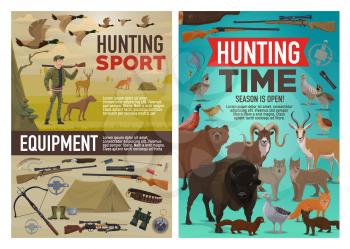 Hunting sport vector design of hunter equipment, animals and birds. Cartoon huntsman with dog and rifle, duck, bear and wolf, deer, shotgun and knife, goose, quail and fox, pheasant and buffalo