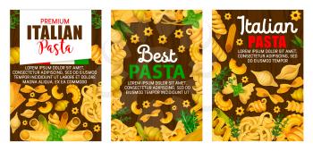 Pasta food vector design of Italian macaroni and green herbs. Farfalle, spaghetti and penne, fusilli, cannelloni and conchiglie, fettuccine and lasagna frame on wooden background with rosemary, thyme