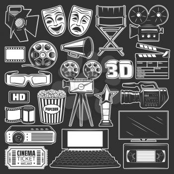 Cinema and movie production, theater and video icons of leisure or entertainment design. Film reel, camera and popcorn, 3d glasses, clapperboard and ticket, filmstrip, tv set, megaphone and projector