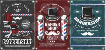 Barbershop vector design of men haircut, beard and mustache shave saloon. Retro poles of barber shop, hairdresser chair and open razor blade, scissors, vintage top hats and moustaches