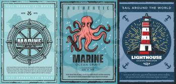Nautical anchors, marine sailing ships and sea helm, sailboat rope, ocean octopus, navy lighthouse and vintage navigation beacon vector posters. Maritime travel and marine adventure themes