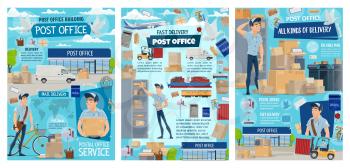 Post office and postal service of mail delivery vector design. Cartoon postman or courier, letters, envelopes and parcels, boxes, packages and mailbox, postage stamp, postal transport and pigeon