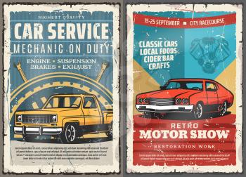 Vintage car rusty metal signboards of auto repair service, motor show and mechanic garage vector design. Vehicle engine, spare parts and wheel, brakes, exhaust and spanner, wrench and mechanical tool