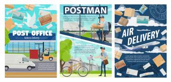 Post office, mail delivery and postman vector design of postal service. Cartoon courier and mailman with letter envelopes, parcels, boxes and packages, postage stamp, truck and bicycle, airplane, dove