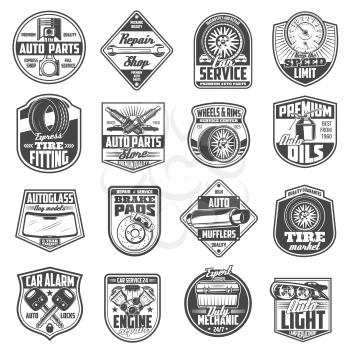 Car service and auto repair store badges with vector spare parts. Wheel tire, vehicle engine and motor oil, wrench, spanner and spark plugs, piston, exhaust and speedometer, brakes and alarm keys