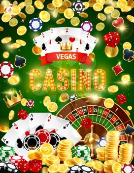 Casino roulette, poker and blackjack gambling games vector design with chips, dice, playing cards and golden coins. Online casino, betting agency and game of chance 3d poster