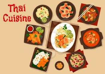 Thai cuisine vector design of Asian meal. Fried rice, seafood noodles and shrimp spring rolls, tom yum soup, chicken with nuts and ginger prawns, papaya fruit and squid vegetable salads, mango rice