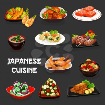 Japanese cuisine meal vector design of Asian dishes. Seafood salads with octopus, tuna, okra and cucumber, fish soup, deep fried marlin and shrimp, radish pork, potato and chicken bamboo stews