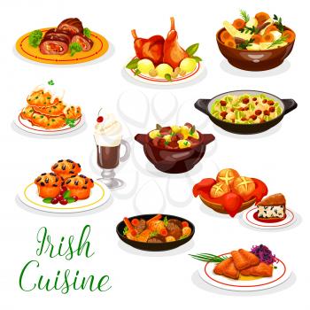 Cuisine of Ireland vector design with Irish coffee, meat and fish dishes. Vegetable stews with rabbit and lamb, baked salmon, potato pancake and red cabbage salad, beef roll, soda bread, berry cupcake