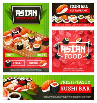 Japanese sushi rolls vector menu of Asian restaurant. Sushi bar rolls with rice, salmon fish and tuna, seafood nigiri with shrimp, seaweed and prawn, caviar gunkan, octopus uramaki and chopsticks