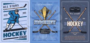 Ice hockey player on sport rink with sticks, pucks and trophy vector design. Forward with skates, uniform helmet and golden winner cup. Hockey championship league match retro posters