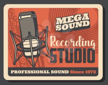 Music recording studio musical instrument and sound equipment retro poster. Vector microphone, vinyl record and saxophone. Media production and entertainment industry design