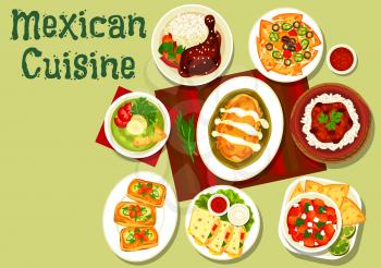 Mexican cuisine tortilla roll with meat and vegetables. Vector nachos with tomato salsa and guacamole sauces, cheese, olives and chilli, bean sandwiches, chicken quesadilla, chilli con carne with rice