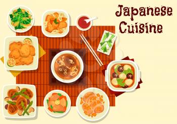 Japanese cuisine vector design of Asian meat dishes. Chicken soups and stews with mushroom, ginger and soy sauce, vegetable and herb salads, pork cutlet with fried asparagus, carrot and eggs