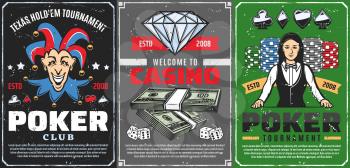 Poker tournament, gambling game club and casino betting vector design. Casino dice, chips and playing cards, poker table, croupier, money, joker and diamond retro posters