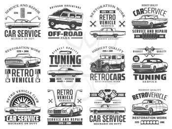 Retro car icons of auto repair, tuning and restoration service vector design. Vintage vehicle wheels, tires and engine spare parts, pistons, wrenches and spanners, shock absorbers and cylinder gaskets