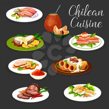 Chilean cuisine fish and meat dishes vector design. Salmon sandwiches with cheese, empanadas and cannelloni pasta with mushrooms, stuffed salmon, baked pork and beef with plum fruit and wine sauce