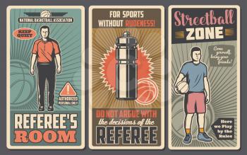 Basketball or streetball sport game vector posters with balls, team player and referee, uniform jersey, sneakers, shorts and sport bottle. Sporting competition and education themes