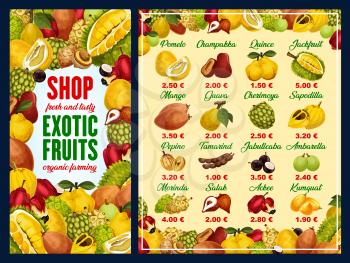 Exotic fruit shop menu with tropical berries vector frame. Mango, pomelo and quince, jackfruit, guava and cherimoya, tamarind, salak and kumquat, jabuticaba, ackee and salak with price list template