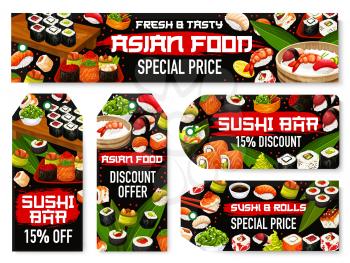 Japanese sushi rolls and nigiri sale tags with discount price special offer of Asian cuisine restaurant. Vector salmon, rice and tuna fish maki, shrimp seafood uramaki and seaweed avocado hosomaki