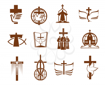 Jesus on cross, God Bible and dove vector icons of Christian religion. Religious prayers, priest and globes, angel, holy book and church, crucifix, praying hand and fish symbols of Christianity