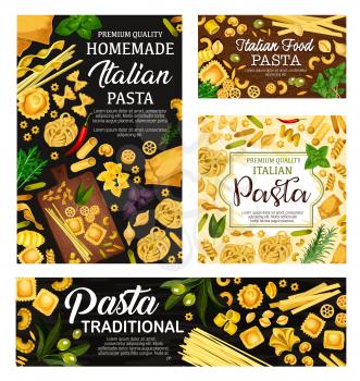 Italian pasta, spaghetti and macaroni with herbs and olives vector design. Penne, farfalle and fusilli, conchiglie, fettuccine and lasagna, ravioli, linguine and noodles with basil and rosemary