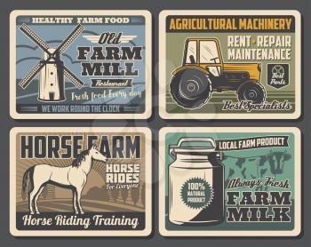 Farm and agriculture vector design with cow, horse and milk can, tractor, harvest field and windmill. Cattle and dairy farm, horseback riding ranch and agricultural machinery retro posters