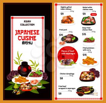 Japanese cuisine vector menu. Traditional asian food, slightly gifted iridori chicken, boiled white meat, fried pork and fillet, beef and asparagus. Potatoes with curry, dumplings ginger and wasabi