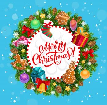 Christmas holiday greeting, Xmas tree wreath. Vector gingerbread cookies and sock, jingle bell and gift boxes, bow and cones, balls and presents, star and snowflakes, congratulation and celebration