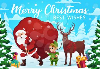 Santa Claus, reindeer and elf delivering Christmas gifts and presents, vector design. Santa carrying red bag with present boxes through snowy winter forest trees. Winter holidays greeting card