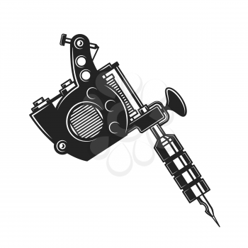 Tattoo machine or gun isolated monochrome object. Vector handheld electromagnetic coil device to create permanent marking of skin with ink. Tattoo salon or shop symbol, painting equipment with needle