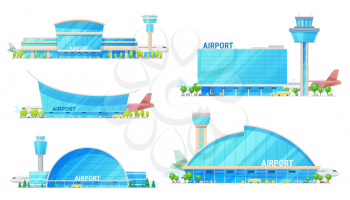 Airport modern buildings and traffic control tower isolated vector icons. Terminals and runway, planes, facades exteriors. Aviation infrastructure, airplane, bus and taxi near entrance