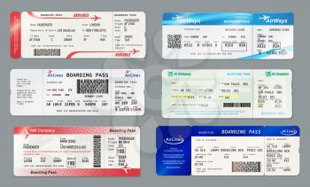 Airlines boarding pass and ticket templates. Vector air ways admission on flight with barcode or QR code, date and place of seat. Travelling by plane document, air transportation