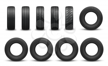Car tire in vector, front side views. Vector vehicle tyres, round component surround wheel rim, provide traction on surface. Transport rubber wheel, types of tires with variety of tread patterns