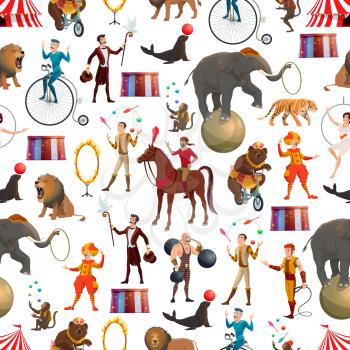 Circus entertainment show seamless pattern. Vector background of circus tamer with lion in fire ring, elephant and monkey, muscleman and bear on bicycle, illusionist juggling and clowns pattern