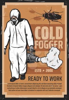 Insects control, exterminator in uniform with pest and mosquito cold fogger. Man in chemical protective suit, deratization and disinsection. Cockroach silhouette, fight with bugs, disinfection
