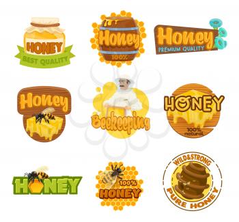 Honey and beekeeping farm isolated icons. Vector apiarist and jar with sweet food, honeycomb with drop, bee and beehive. Beekeeper in protective suit, apiculture emblems and wooden barrel, packagings
