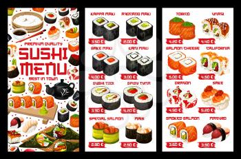 Sushi Japanese bar and Asian restaurant menu price. Vector Japan food fish maki, salmon California sushi and seafood or tuna rolls menu set, rice, wasabi with ginger and Japanese chopsticks