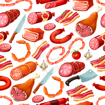 Butcher shop farm meat and natural sausages seamless pattern. Vector background of butchery meat gastronomy, salami sausage, beef steak and pork ham, mutton ribs and cooking spices pattern