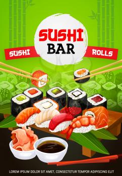 Sushi bar menu cover, Japanese food and Asian seafood restaurant. Vector Japanese sushi and maki rolls with wasabi, soy and bamboo chopsticks, eel unagi maki gunkan roll in nori and shrimp sushi
