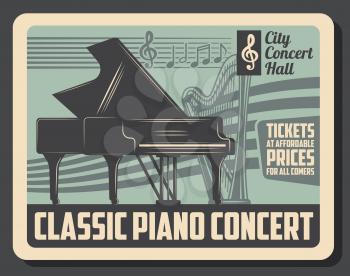 Classical piano concert and orchestra harp musical in city hall. Vector jazz band or classical music performance instruments with bass, clef or treble musical notes on blue poster