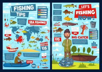 Fishing on world map and fisher equipment infographics. Vector statistics on fish catch, fishery industry diagrams, river perch and pike, ocean seafood crab and shrimp, tuna, trout and salmon tackles