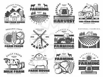 Farm agriculture and cattle industry, farming food production. Vector icons of cattle farm cow and pig animals, poultry chicken, organic vegetables and fruits harvest, farmhouse meat products