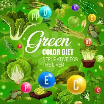 Color diet healthy nutrition, green vegetables and fruits food vitamins. Vector natural organic green color diet depurative for liver, lettuce salads, leek and broccoli, cabbages, berries and nuts