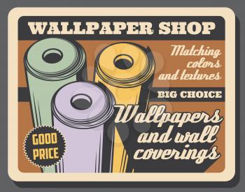 Home renovation and repair, wallpapers shop vintage poster. Vector house construction premium quality tools, wall coverings and interior decor accessories at good price